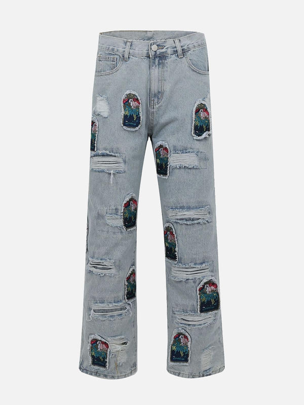 CYDURBAN EMBROIDERY FRAYED PATCHWORK JEANS