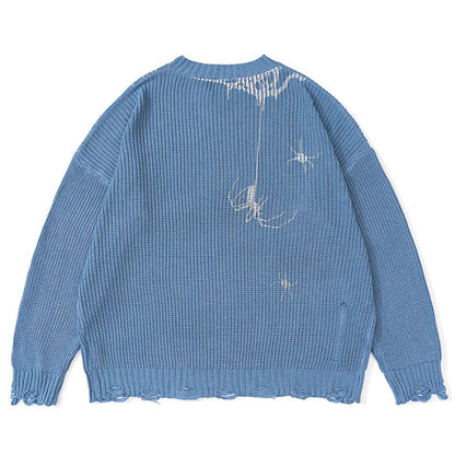 SPIDER PRINT DAMAGED KNITTED SWEATER